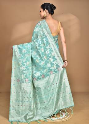 light green chanderi silk blend saree with blouse piece 4