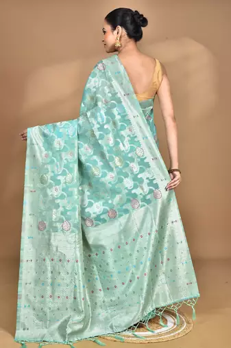 light green chanderi silk blend saree with blouse piece