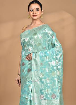 light green chanderi silk blend saree with blouse piece 5