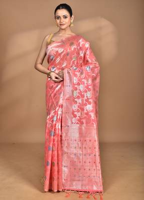 peach chanderi silk blend saree with blouse piece 1