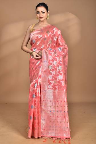 peach chanderi silk blend saree with blouse piece