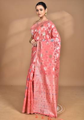 peach chanderi silk blend saree with blouse piece 2