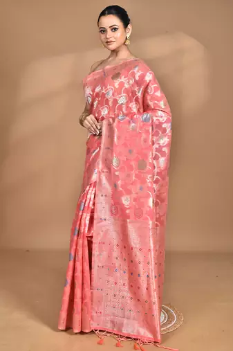 peach chanderi silk blend saree with blouse piece
