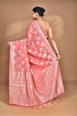 peach chanderi silk blend saree with blouse piece 3