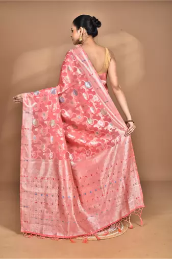 peach chanderi silk blend saree with blouse piece