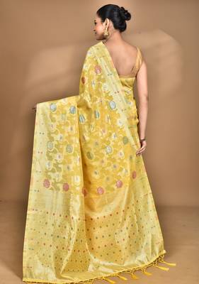 yellow chanderi silk blend saree with blouse piece 4
