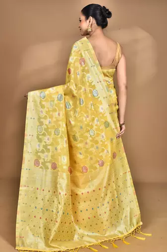 yellow chanderi silk blend saree with blouse piece