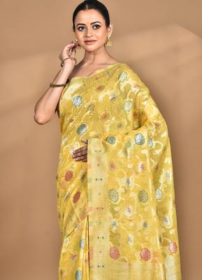 yellow chanderi silk blend saree with blouse piece 5