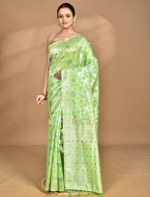 green chanderi silk blend saree with blouse piece 1