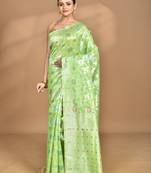 green chanderi silk blend saree with blouse piece