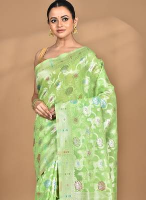 green chanderi silk blend saree with blouse piece 2