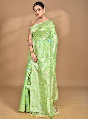 green chanderi silk blend saree with blouse piece 3