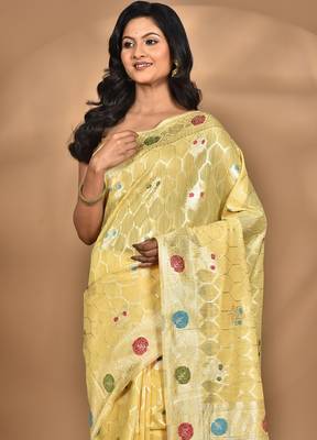 yellow chanderi silk blend saree with blouse piece 1