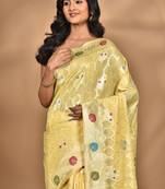yellow chanderi silk blend saree with blouse piece