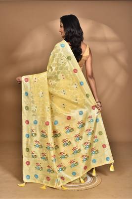 yellow chanderi silk blend saree with blouse piece 2