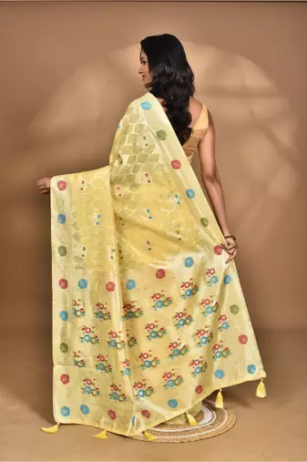 yellow chanderi silk blend saree with blouse piece