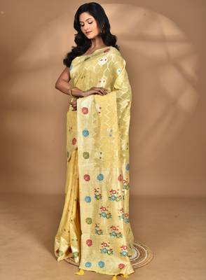 yellow chanderi silk blend saree with blouse piece 3