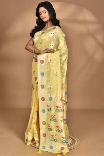 yellow chanderi silk blend saree with blouse piece
