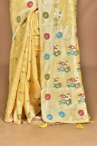 yellow chanderi silk blend saree with blouse piece
