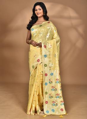 yellow chanderi silk blend saree with blouse piece 5