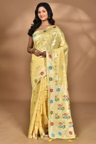 yellow chanderi silk blend saree with blouse piece