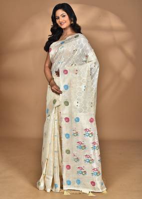 cream chanderi silk blend saree with blouse piece 1