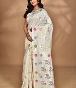 cream chanderi silk blend saree with blouse piece
