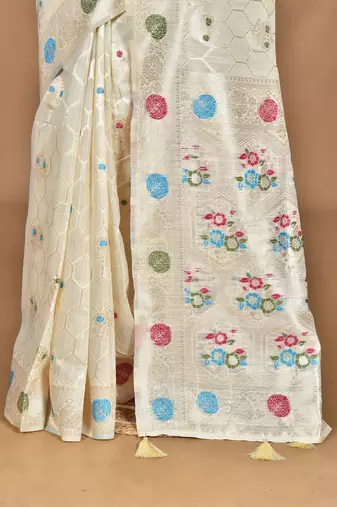 cream chanderi silk blend saree with blouse piece