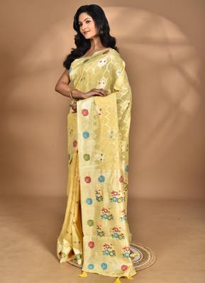 cream chanderi silk blend saree with blouse piece 3