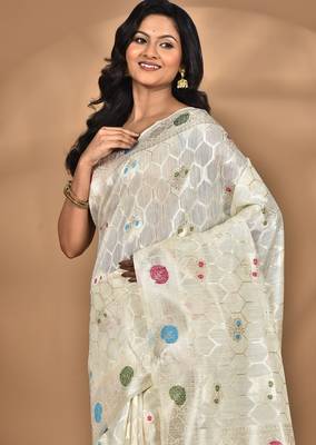 cream chanderi silk blend saree with blouse piece 4