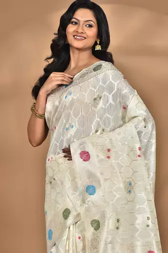 cream chanderi silk blend saree with blouse piece