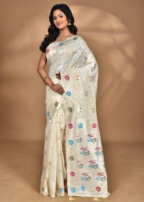 cream chanderi silk blend saree with blouse piece 5