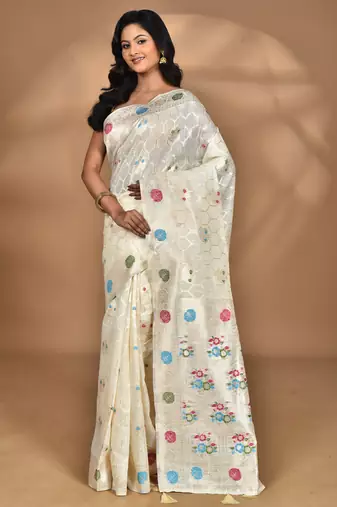 cream chanderi silk blend saree with blouse piece