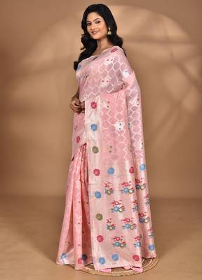 pink chanderi silk blend saree with blouse piece 1