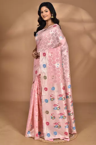 pink chanderi silk blend saree with blouse piece