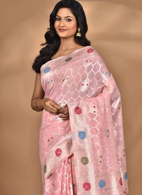 pink chanderi silk blend saree with blouse piece 2