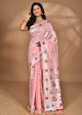 pink chanderi silk blend saree with blouse piece 3