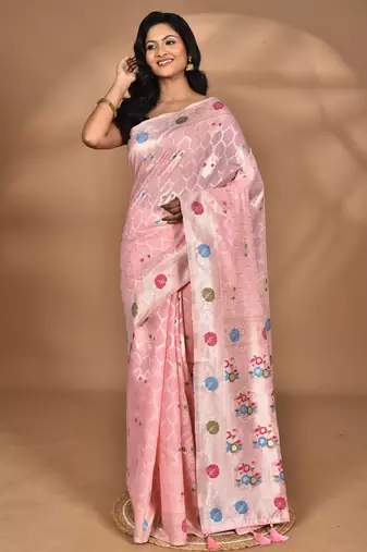 pink chanderi silk blend saree with blouse piece