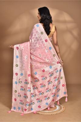 pink chanderi silk blend saree with blouse piece 4