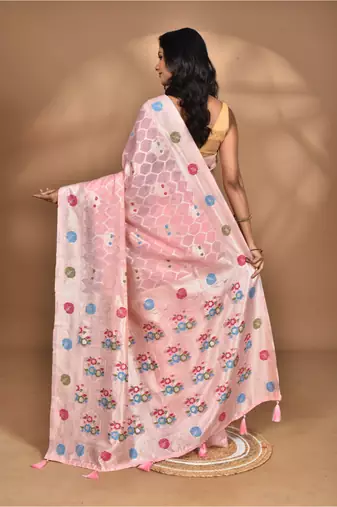 pink chanderi silk blend saree with blouse piece