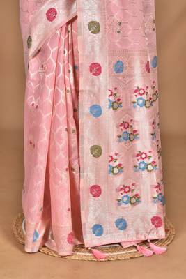 pink chanderi silk blend saree with blouse piece 5