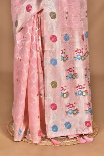 pink chanderi silk blend saree with blouse piece