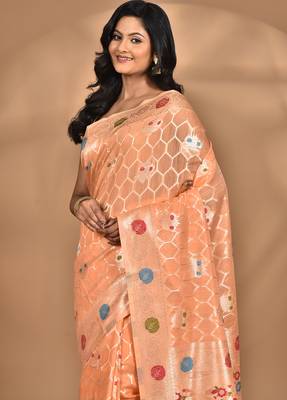 peach chanderi silk blend saree with blouse piece 1