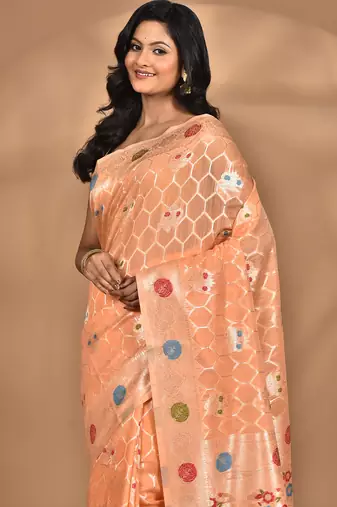 peach chanderi silk blend saree with blouse piece