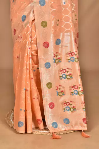 peach chanderi silk blend saree with blouse piece