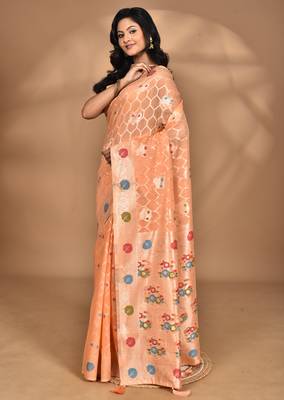 peach chanderi silk blend saree with blouse piece 3