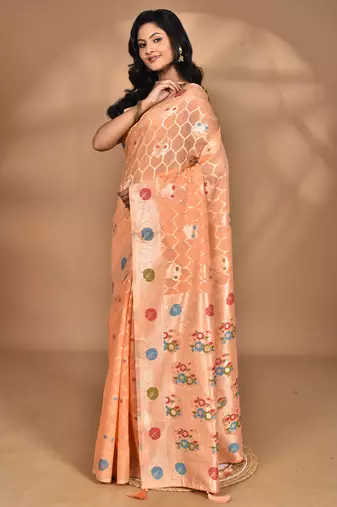 peach chanderi silk blend saree with blouse piece