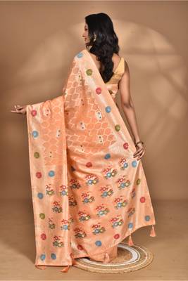 peach chanderi silk blend saree with blouse piece 4