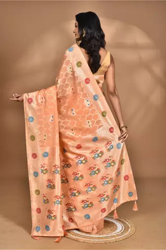 peach chanderi silk blend saree with blouse piece