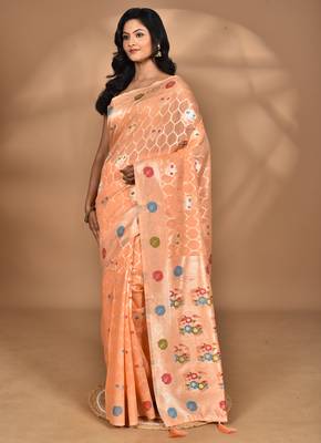 peach chanderi silk blend saree with blouse piece 5
